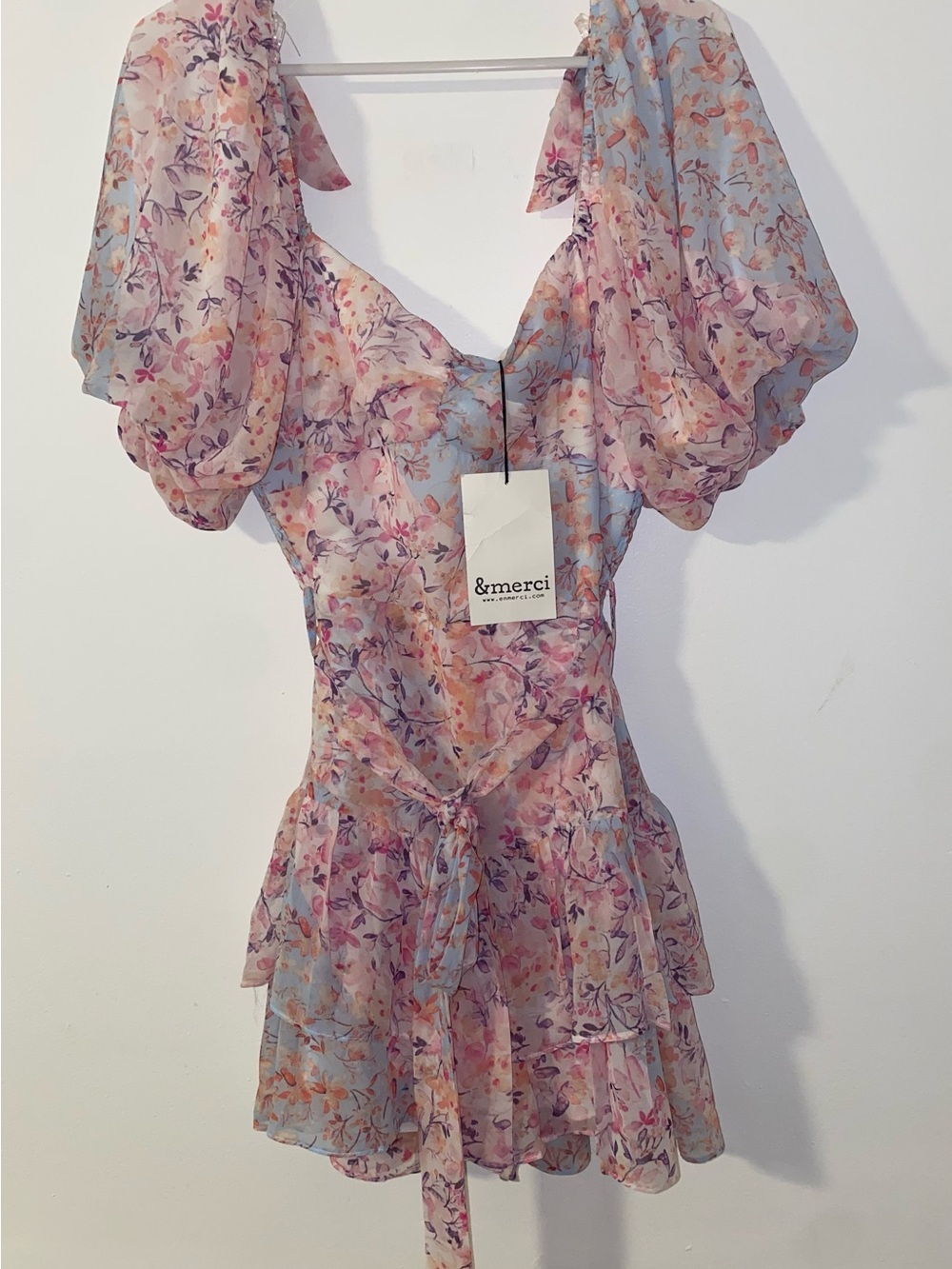 &merci NWT Floral Dress Romper Puff Sleeve Ruffle Tie Front Cottagecore